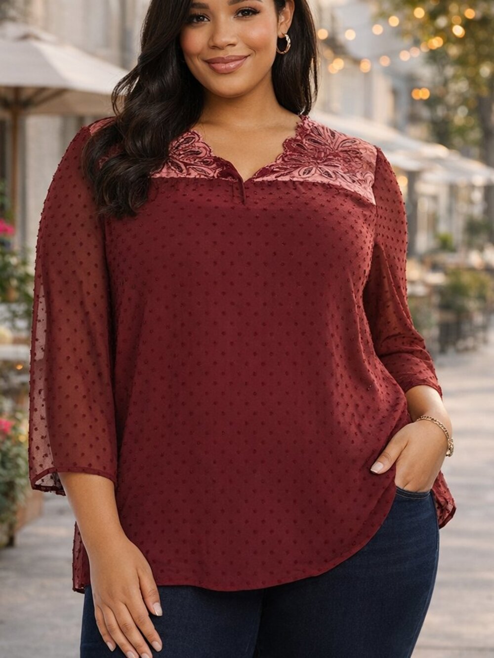 Style & Co Swiss Dot Velvet Yoke Top 1X NWT Burgundy Sheer Sleeve Blouse